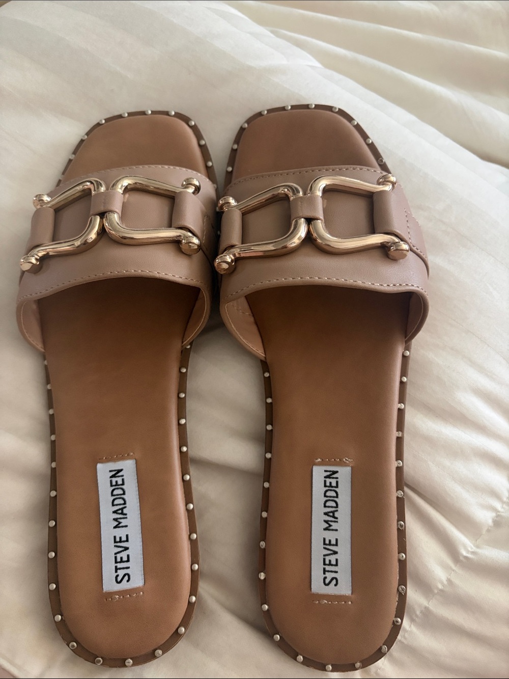 Steve Madden Blush-Tan Slide Sandals with Gold Buckle